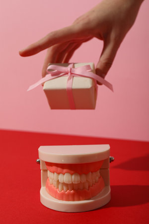 Teeth with gifts, on a bright background.の写真素材