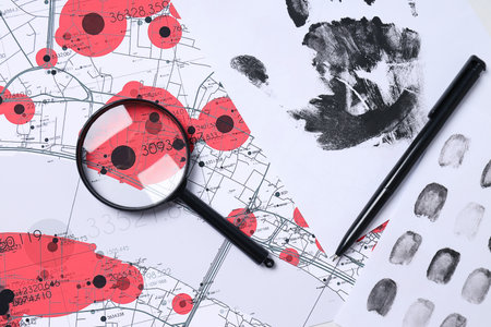 Books, magnifying glass with fingerprints on a white backgroundの写真素材