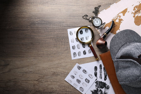 Magnifying glass with fingerprints, map and hat
