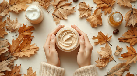 Cream in hands against the background of autumn nature, created with the help of Generative AI technologyの素材
