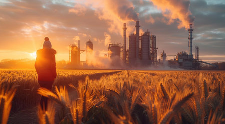 Girl near an eco-factory in a wheat field, created with Generative AI technology