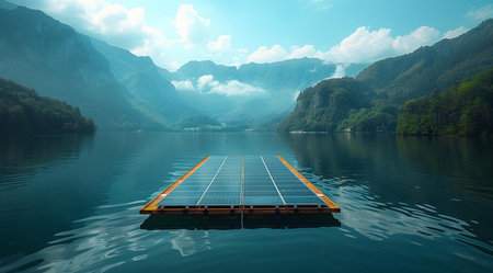 Solar station in the middle of a lake in the mountains, created with Generative AI technologyの写真素材