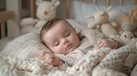 A baby boy sleeps in his bed wrapped in a blanket close up, created with Generative AI technologyの素材