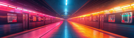 Subway cars at a neon-lit station, created with Generative AI technologyの素材