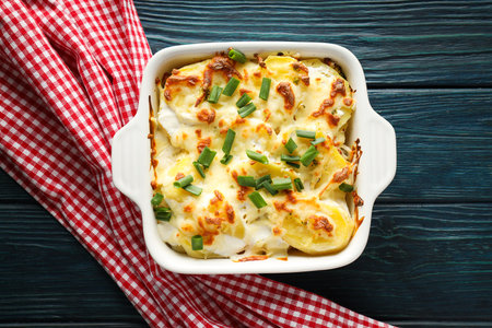 Concept of tasty and delicious homemade food - potato casseroleの写真素材
