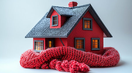 Figurine of a red house wrapped in a red scarf on a white background close up, created with Generative AI technologyの素材