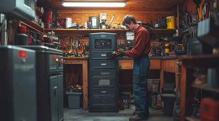 A man in a workshop repairs electrical appliances, created with Generative AI technologyの素材