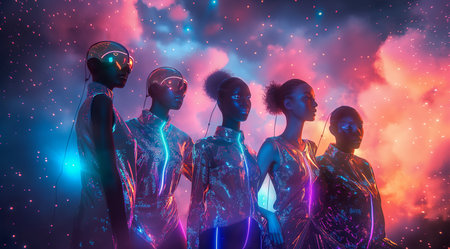 People in an atmosphere of cosmic neon light, created with the help of generative AI technology.の素材