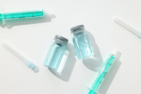 Glass medical bottles with vaccine and syringes on white background, top view