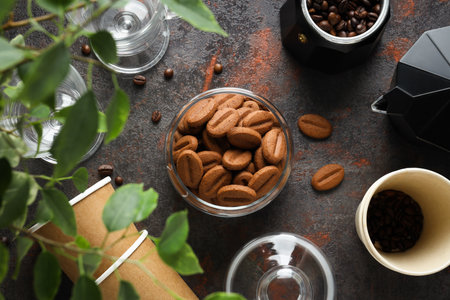 Cookies with coffee beans on a dark backgroundの写真素材
