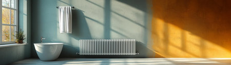 Radiator and towel on a gray and yellow wall and a bathroom next to, with space for text, created with Generative AI technologyの素材