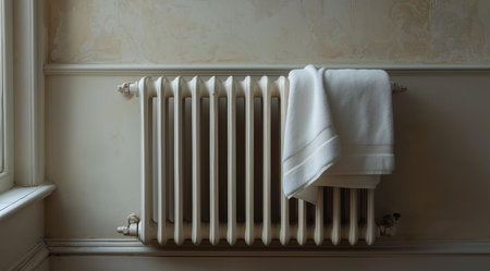 Vintage white radiator with a towel on a beige wall with space for text, created with Generative AI technologyの素材