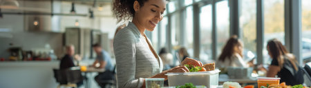 Woman in the light dining room with large window with a lunch box with space for text, created with Generative AI technologyの素材