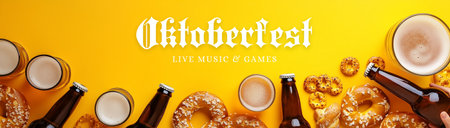 Glasses and bottles of beer, pretzels, snacks and inscription on a yellow background top view, created with Generative AI technologyの素材