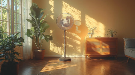 Fan, flowers, chest of drawers and sofa in a bright spacious room, created with Generative AI technologyの素材