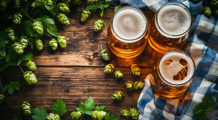 Glasses of beer, checkered white with blue plaid and hops on a wooden background with space for text, created with Generative AI technologyの素材
