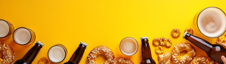 Glasses and bottles of beer, pretzels and snacks on a yellow background top view with space for text, created with Generative AI technologyの素材