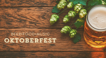 Glass of beer, green hops and inscription on wooden background, created with Generative AI technologyの素材