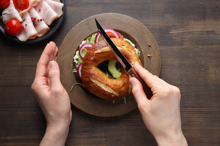 Bagel sandwich, concept of tasty food for breakfast and lunchの写真素材