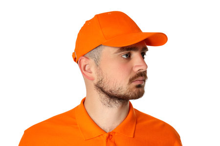 PNG,A guy in a yellow T-shirt and a cap, isolated on white backgroundの写真素材