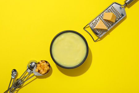 Cheese soup in a bowl with a grater and spoons