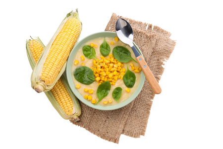 PNG, corn soup in a salad plate, isolated on white background.