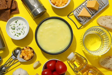 Cheese soup in a bowl with fresh tomatoes and kitchen utensilsの写真素材