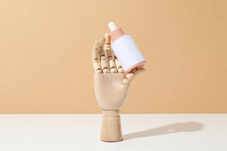 A cosmetic bottle in a mannequin's wooden handの写真素材