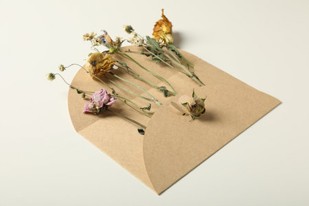 Set of dried flowers in envelope on white background, close upの写真素材