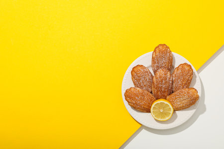 Madeleine cakes and lemon on plate on yellow background, space for textの写真素材