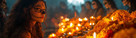 A young girl in make-up for the DÃ­a de los Muertos holiday, created with Generative AI technology.の素材