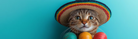 Cat in a sombrero on a background of a blue wall with space for text, created with Generative AI technologyの素材