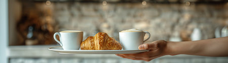 White cups with coffee and a croissant on a white plate in hand on a light background, created with Generative AI technologyの素材