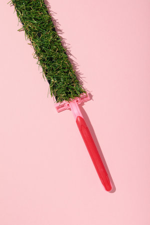 A razor for shaving with a strip of fresh grassの写真素材