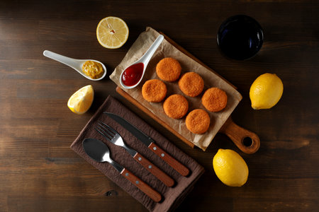 Fried mozzarella with sauces and fresh lemon on a wooden background