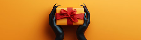 Black hands with claws hold a gift, created with Generative AI technology.の素材