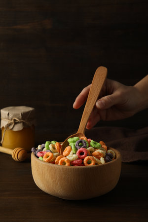Colorful cornflakes, concept of tasty breakfast, morning food, space for text