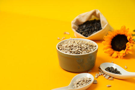 Sunflower seeds, concept of tasty snack, concept of harvestの写真素材