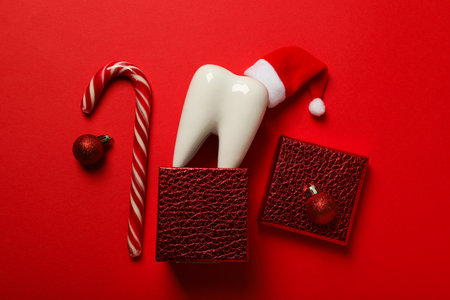Teeth with Christmas accessories around, flat lay.の写真素材