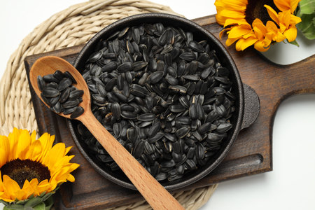 Sunflower seeds, concept of tasty snack, concept of harvestの写真素材