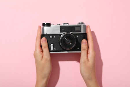 Retro camera, photo shooting on retro cameraの写真素材