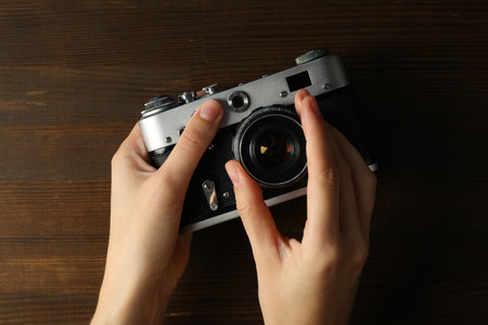 Retro camera, photo shooting on retro cameraの写真素材