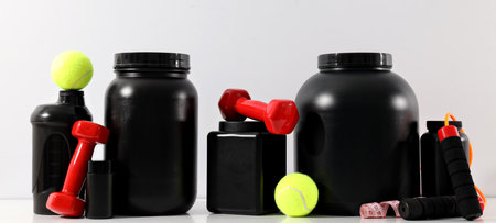 Sport equipment, black plastic jars and bottle on white background, space for textの写真素材