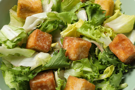 Fried tofu salad in a bowl close-upの写真素材