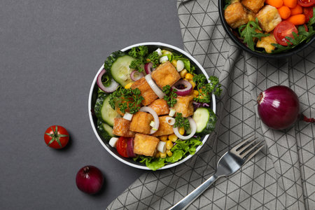 Fried tofu salad in a bowl, top viewの写真素材