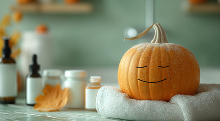 A pumpkin with a face and a towel on its head, created with the help of generative AI technology.の素材