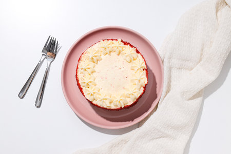 Red velvet cake on pink plate and towel on white background, top view