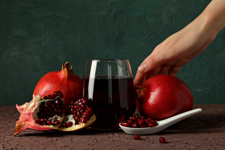 Pomegranate juice with fresh pomegranates on the tableの写真素材