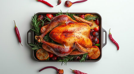 Baked turkey with vegetables in a baking tray, created with Generative AI technology.の素材