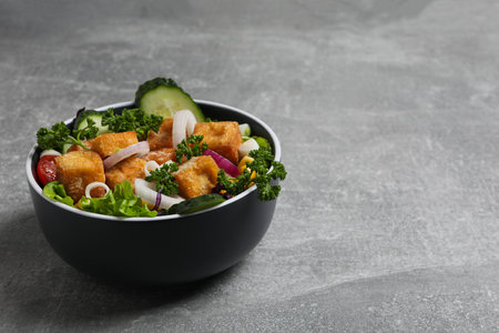 Fried tofu salad in a bowl close-upの写真素材